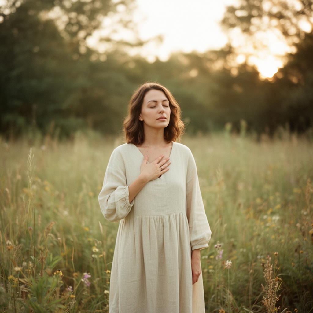 A woman standing in a sunlit meadow, hand on her chest in quiet presence.