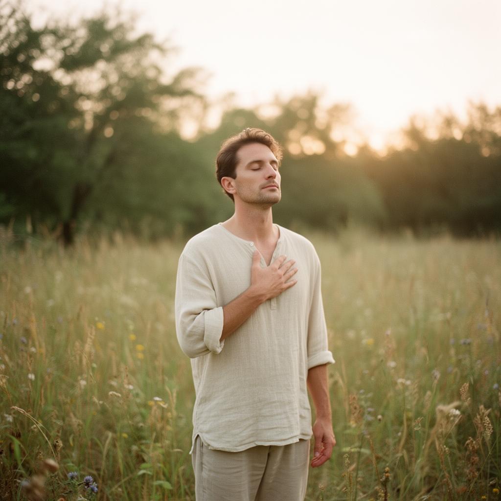 A man standing in a sunlit meadow, hand on his chest in quiet presence.