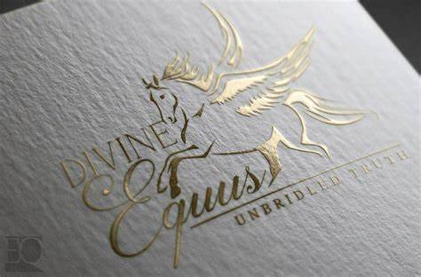 Divine Equus — Unbridled Truth. Gold-foil logo of a winged horse on textured paper.