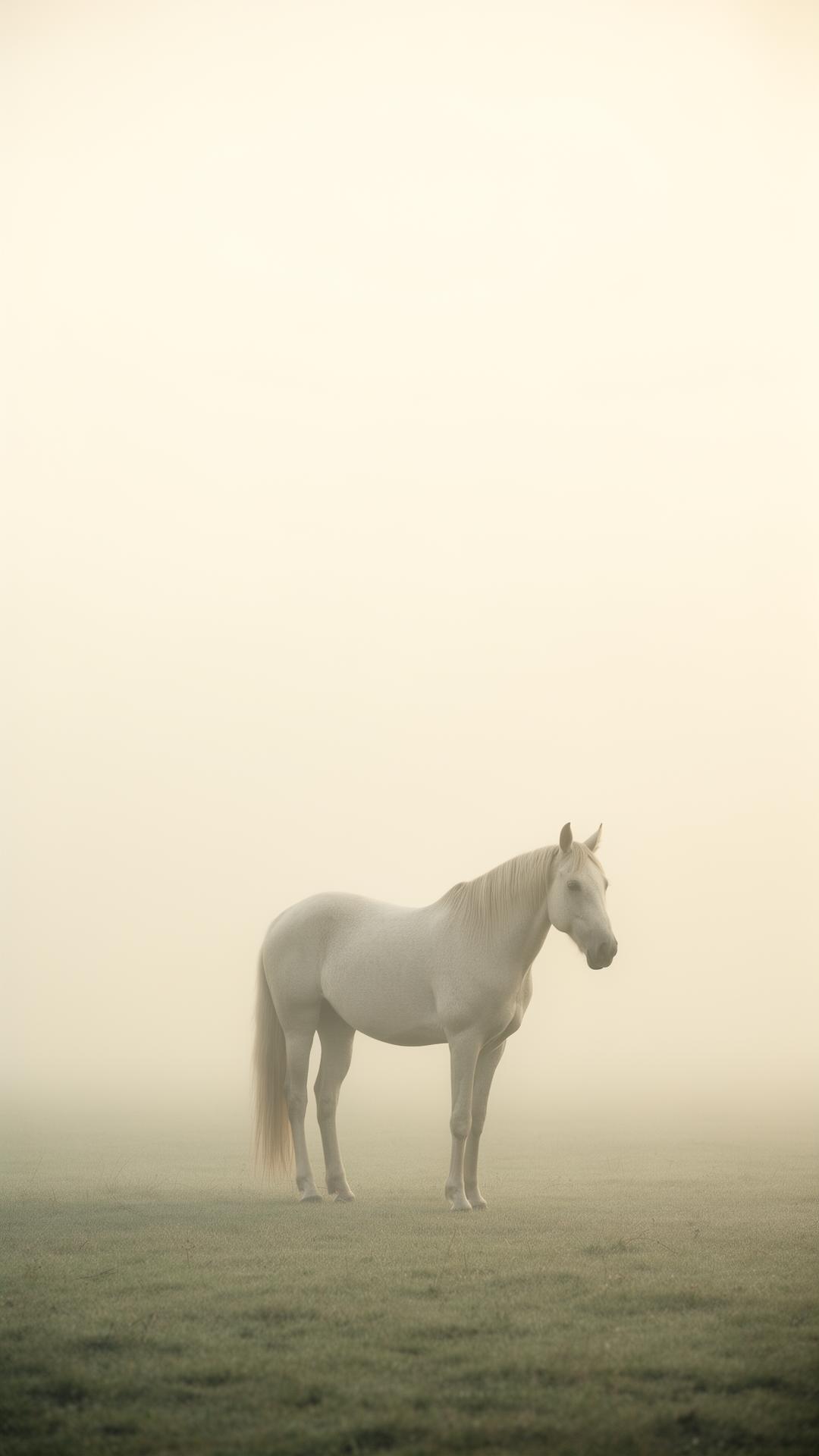 A pale horse standing peacefully in soft morning mist.
