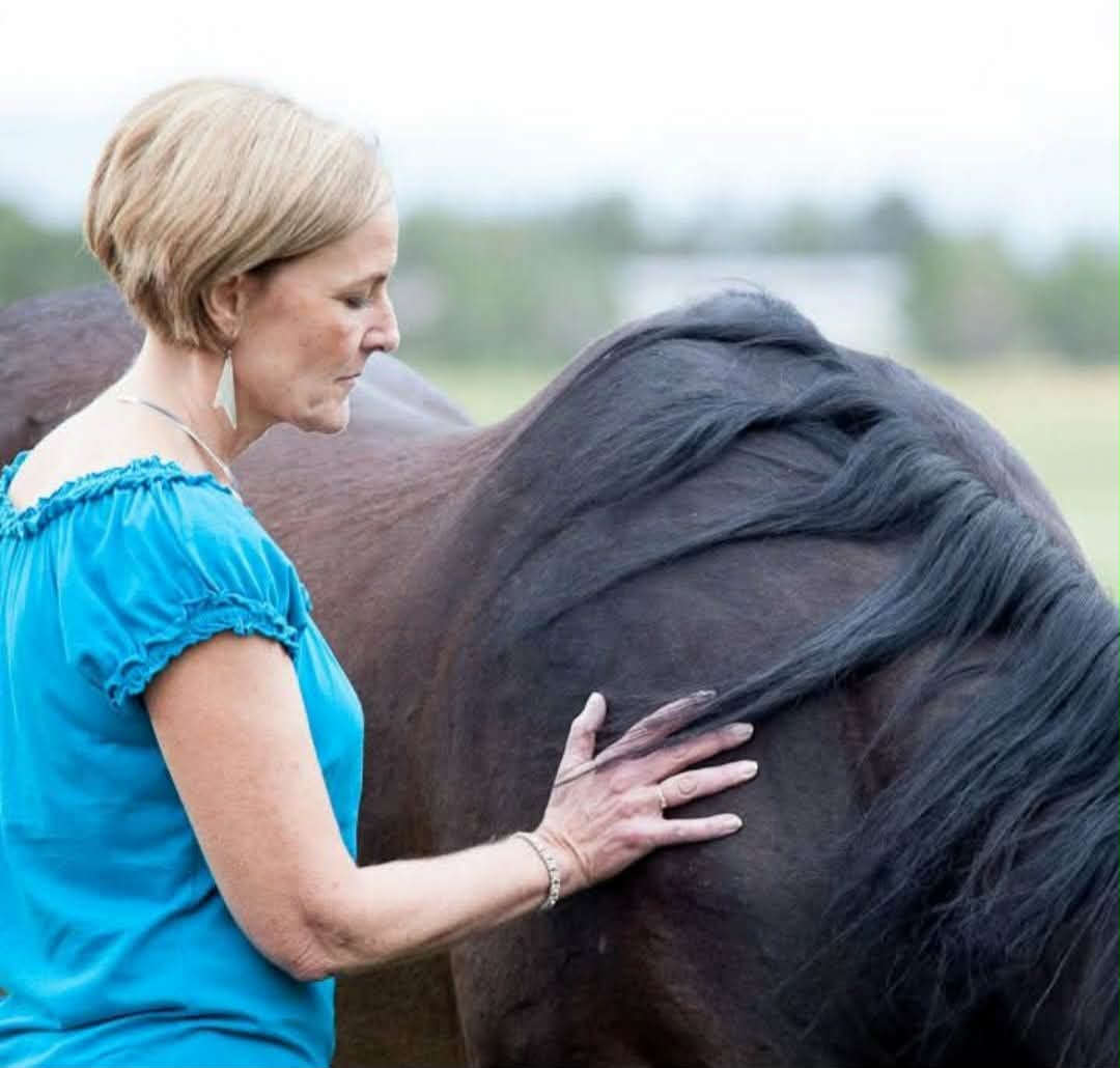 Dawn standing beside a dark horse, hand resting gently on its back in a quiet pasture.