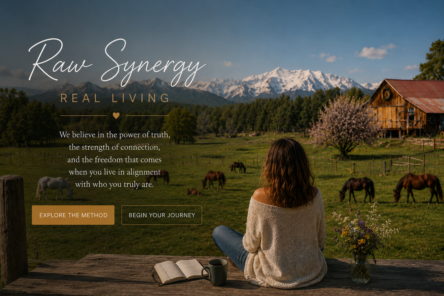 Raw Synergy Real Living — woman seated in a mountain pasture with grazing horses, embodying connection, clarity, alignment, and creation.